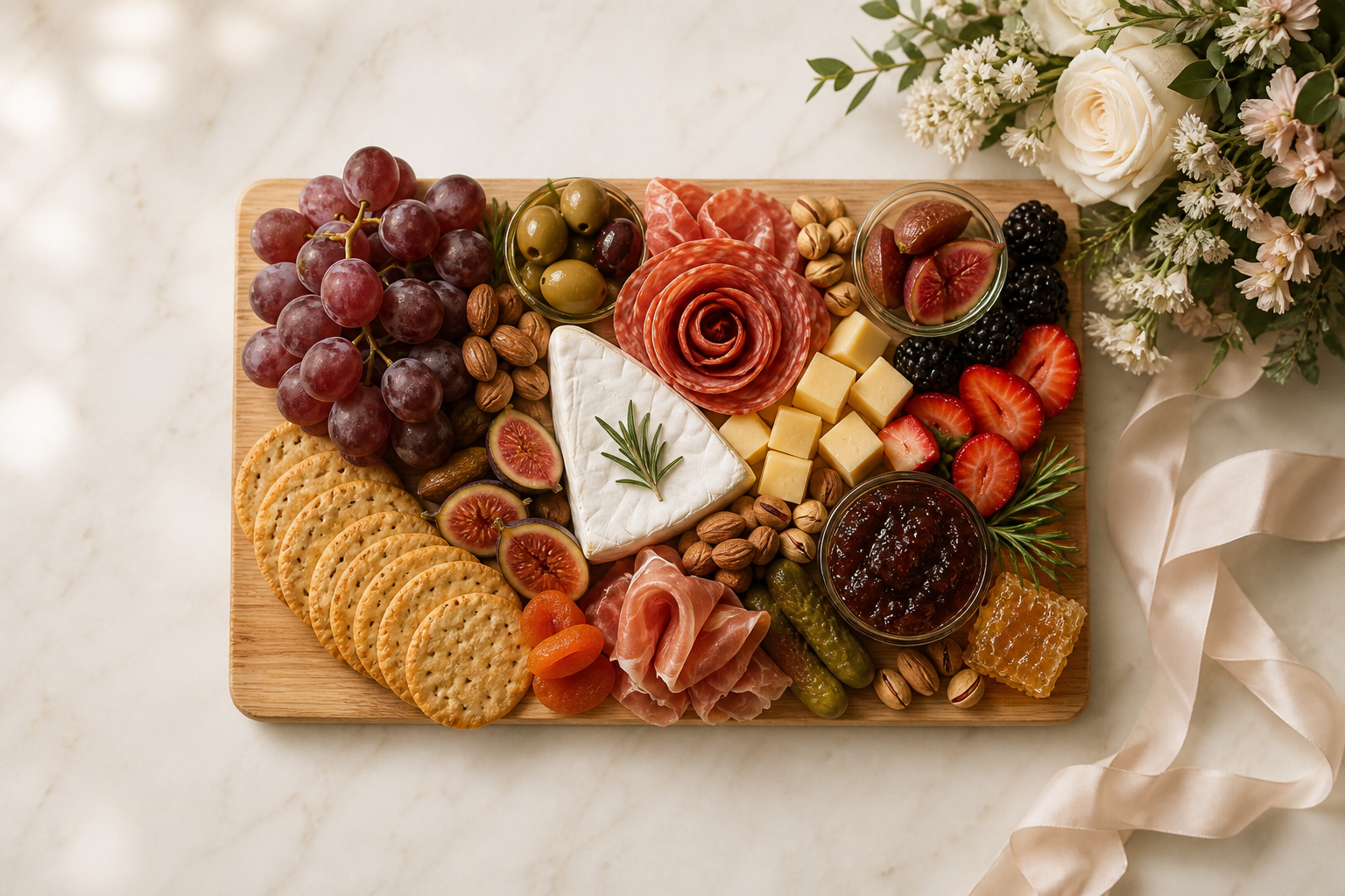 A special-occasion charcuterie board styled with fruit, cheeses, meats, and a floral accent
