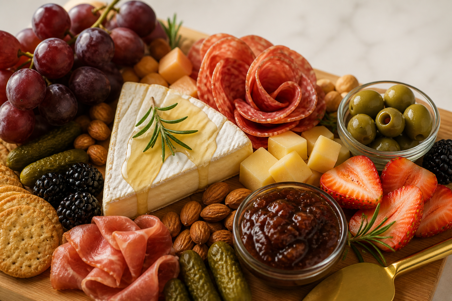 Close-up of brie with honey and rosemary, folded salami, grapes, and strawberries
