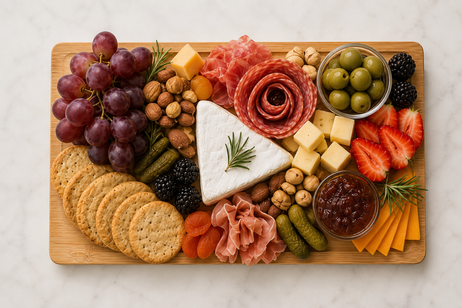 A 12 by 8 inch charcuterie board with a salami rose, brie, grapes, olives, and jam