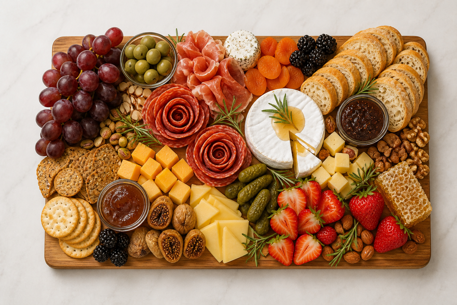 A large signature charcuterie board overflowing with meats, cheeses, fruit, and honeycomb