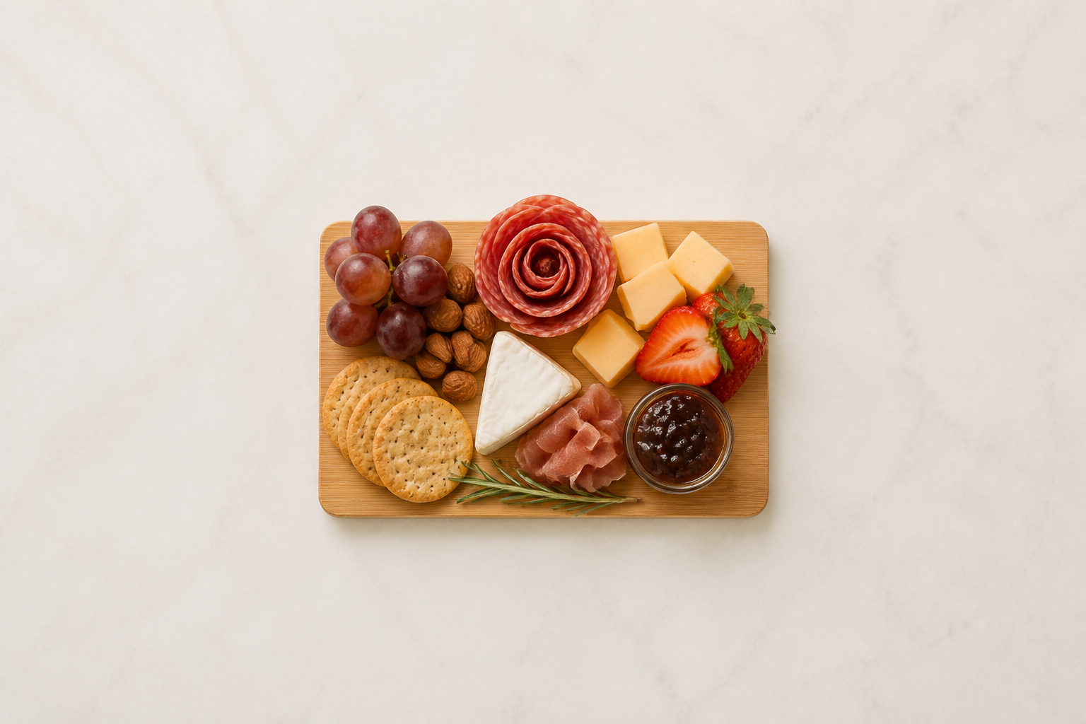 A small intimate charcuterie board with brie, grapes, strawberries, and crackers