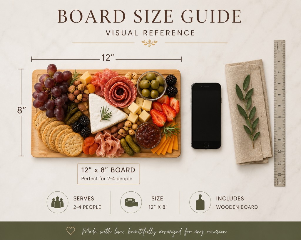Board size guide showing a 12 inch by 8 inch charcuterie board that serves 2 to 4 people and includes a wooden board